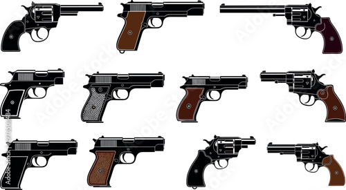 Photos Collection of vintage and modern handguns vector illustration set featuring revo