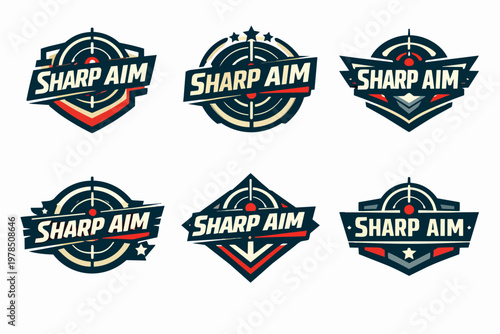 Collection of tactical sports badges, emblems, and insignia for gaming, portraying aiming accuracy and competition