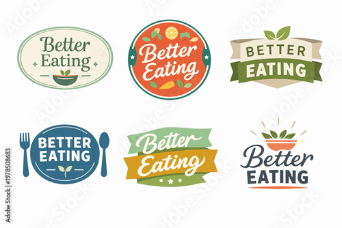 Better eating concepts collection including healthy food, organic produce, fresh ingredients, and balanced diet emblems