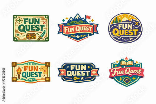 Six colorful game logos for adventure and fun quests, featuring icons like treasure maps, mountains, keys, and torches
