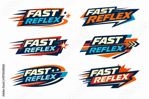 Fast reflex text logos with dynamic shapes, speed lines, and stars, representing motion, energy, and rapid action concept