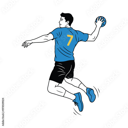 Handball player jump shot throw, mid-air action, isolated vector on white