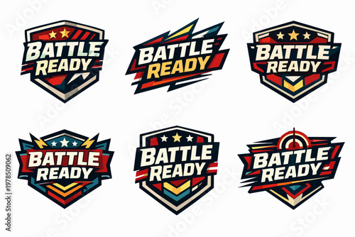 Set of diverse battle ready esports logo designs featuring shields, targets, and stars for competitive gaming