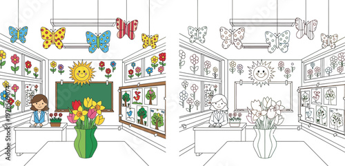 School classroom decorated for spring with teacher coloring book page for kids illustration with colored and line art version