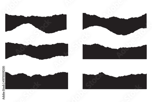 Collection of six different black torn paper edge design elements on white background