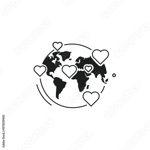 Black and White World Map Icon Surrounded by Floating Hearts