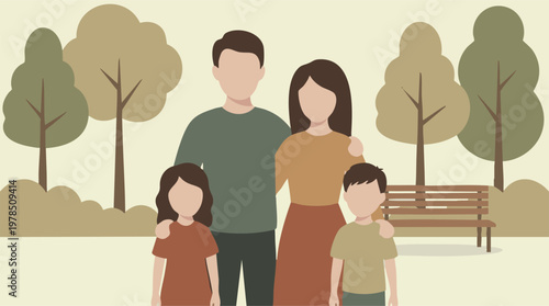 Flat illustration of a family with two children in a park