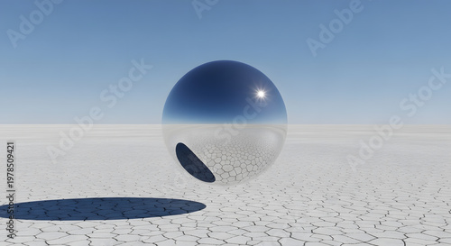 A reflective sphere with a dark indentation floats above a vast, cracked white desert under a clear blue sky, casting a long shadow.