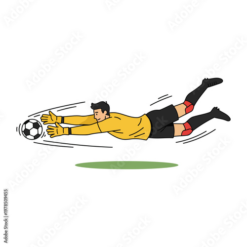Football goalkeeper diving to save ball, full stretch motion, isolated vector on white