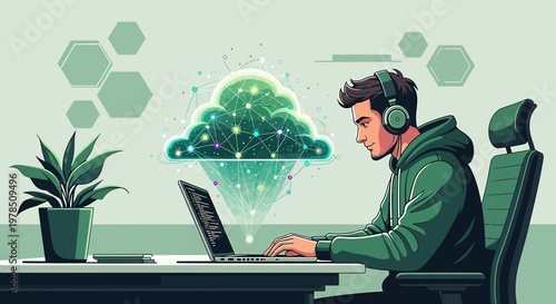 Connected world illustration showing a man coding with a digital cloud connection and background
