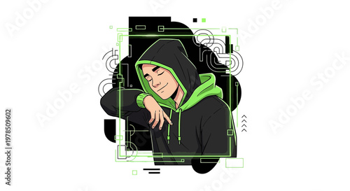 Contemplative digital avatar in hooded sweatshirt with geometric abstract background