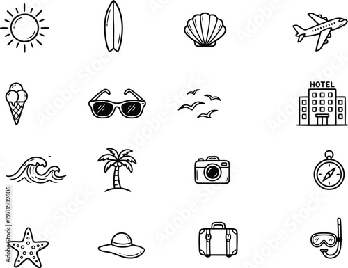 Travel and vacation themed hand drawn doodle icon set for summer holidays