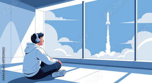 Contemplative young man observes a rocket launch from the serene comfort of his home setting