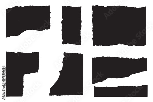 Collection of six different black torn paper edge design elements on white background
