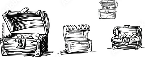 Open Treasure Chest Line Art Illustration – Detailed Pirate Loot Box with Coins and Ornate Vintage Outline in Engraving Style