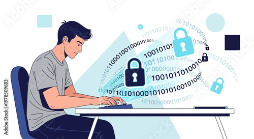 Concept illustration of a developer creating robust cybersecurity protocol on his computer system