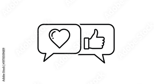 A minimalist illustration depicts two speech bubbles one containing a heart and the other a thumbs up