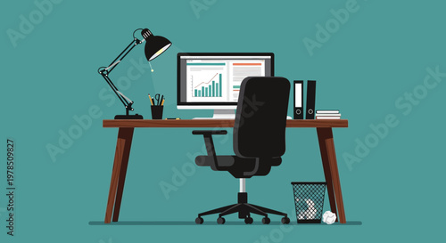 A brightly colored illustration depicts a modern workspace with a computer chair and office supplies