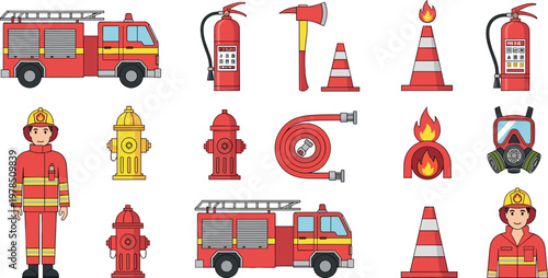 Firefighting Equipment and Gear Set Featuring Fire Truck, Extinguisher, Helmet, Fire Hose, and Hydrants