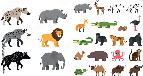 Collection of wild animals vector illustrations including lion elephant rhino crocodile fox gorilla tiger and safari wildlife set isolated