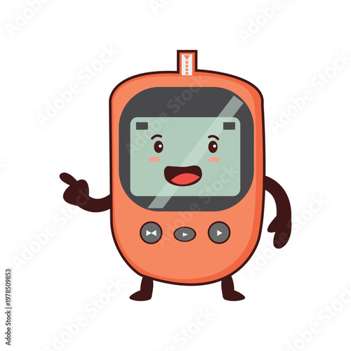 Cute Cartoon Glucose Meter Character with Happy Face and Waving Hand