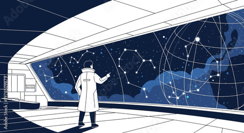 Conceptual depiction of an astronaut gazing at constellations in futuristic habitat