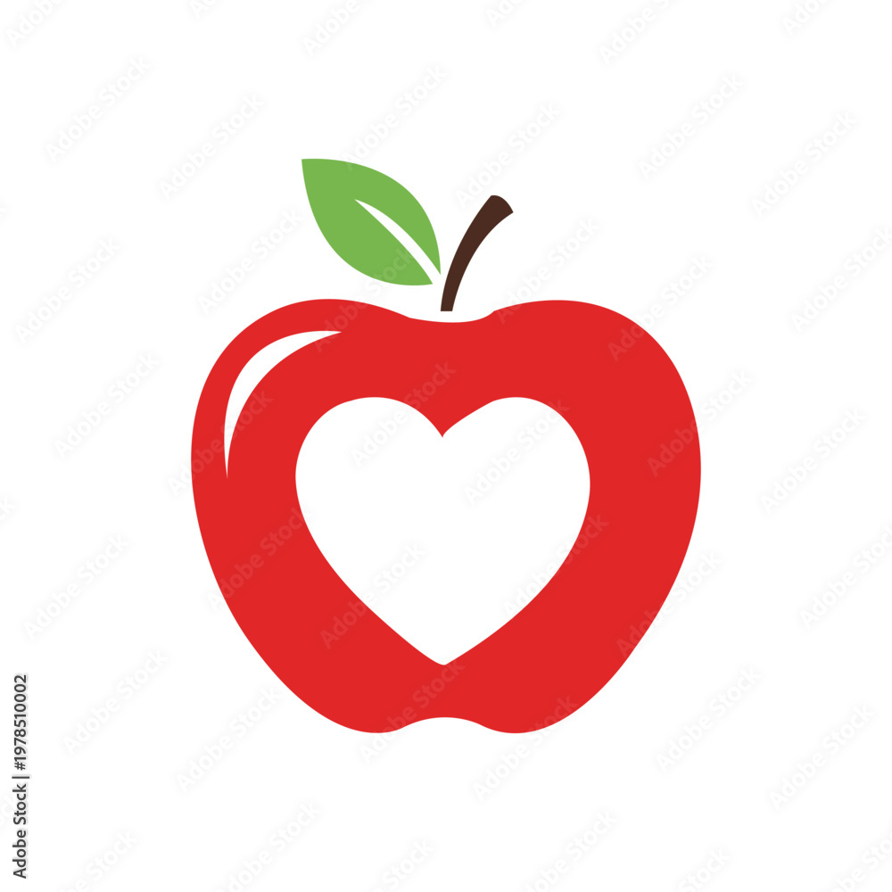 Fototapeta premium Red Apple with White Heart Shape Cutout and Green Leaf