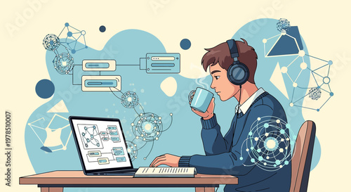 Conceptual digital nomad with technology visualization working remotely with creativity boost