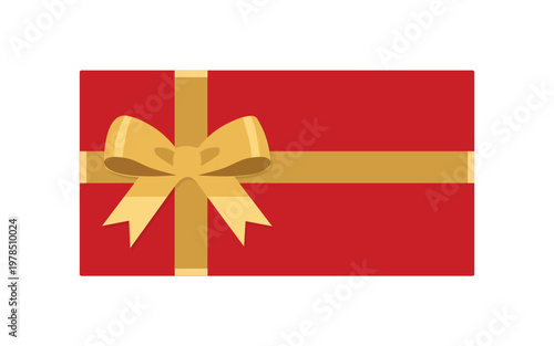 Red Gift Box with Golden Ribbon and Bow on White Background