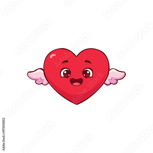 Cute Red Heart Character with Pink Wings Big Eyes and Happy Smile