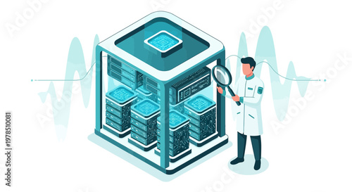 Conceptual illustration of a data center specialist inspecting server racks with a magnifying glass