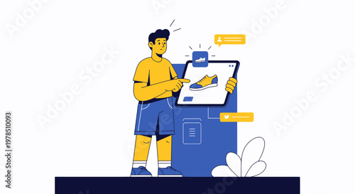 Conceptual illustration of a man browsing footwear online via digital device promotion and sale