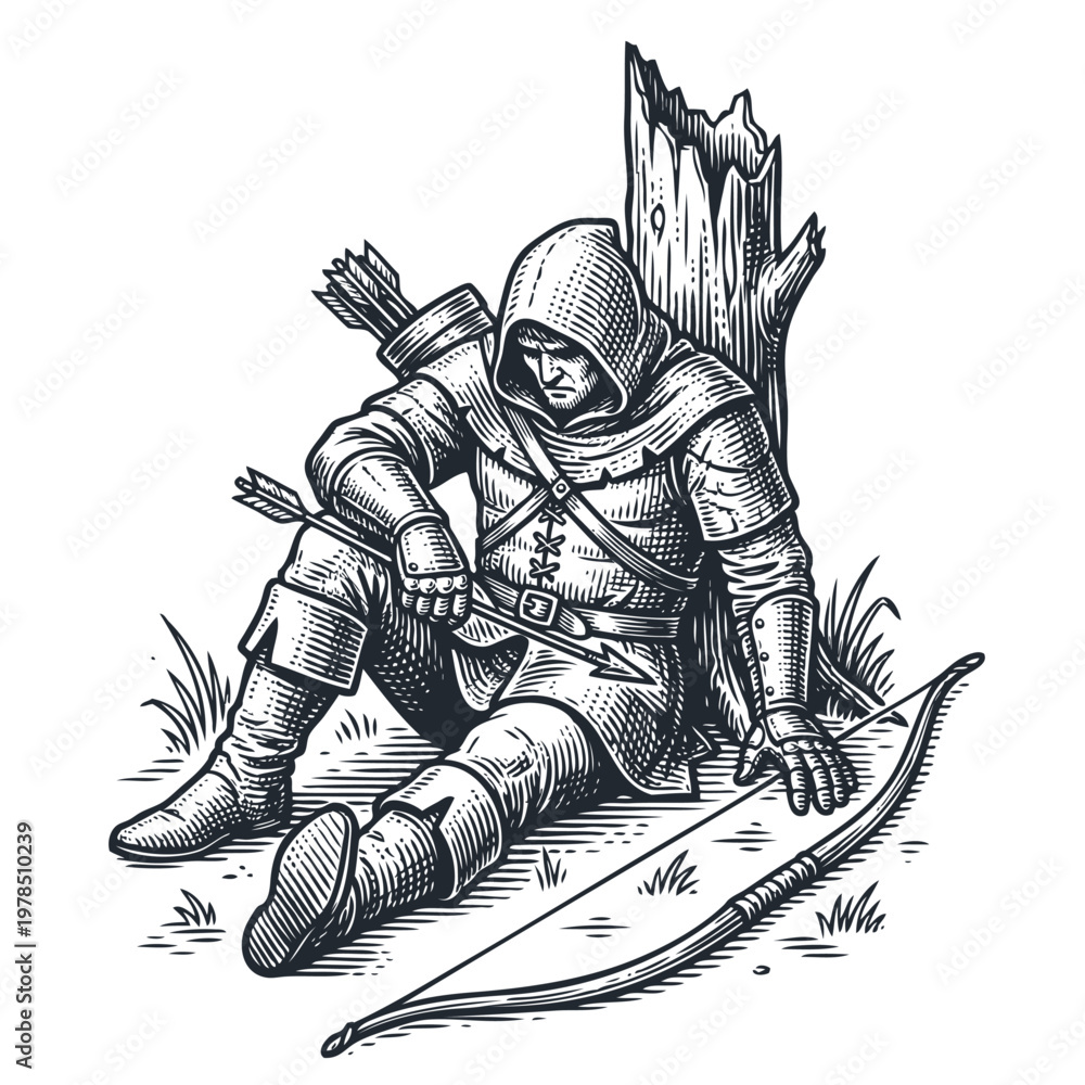 Obraz premium Vector illustration of a weary medieval archer in hooded armor resting against a tree stump with bow and arrows on the ground. Fantasy ranger character art.