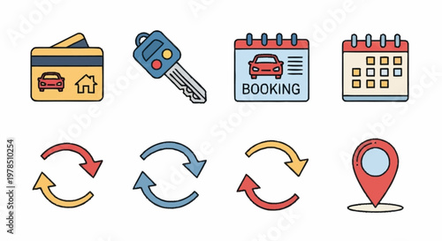 Icons representing car rental, booking, location, and exchange services.