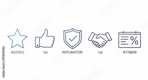 Icons representing rating, approval, reputation, agreement, and promotion, symbolizing positive business attributes.