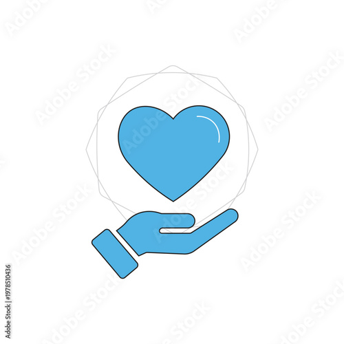 Blue Hand Holding Blue Heart Inside White Circle with Outline Design