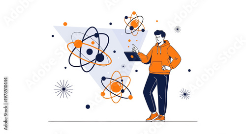 Conceptual illustration of scientist working with atomic structures using digital technology for