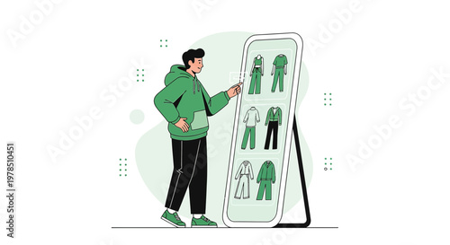 Conceptual illustration showcasing a man interacting with a virtual wardrobe interface application