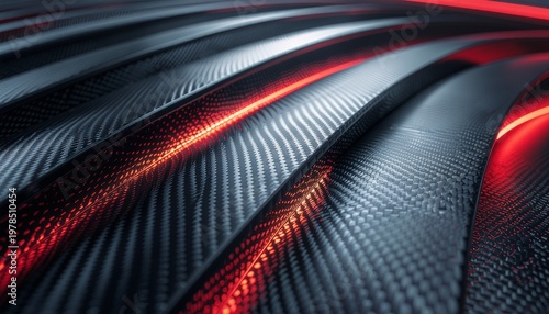 Abstract layers of curved carbon fiber and matte black titanium plates overlapping in a dark void.