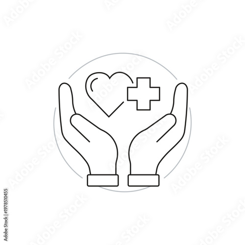 Two Hands Holding Heart and Medical Cross Symbol in a Circle