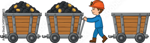 Coal mining vector illustration featuring worker pushing carts filled with coal isolated industrial labor scene collection