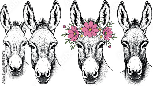 Donkey head vector set featuring detailed line art portraits and floral crown mule illustration isolated farm animal collection