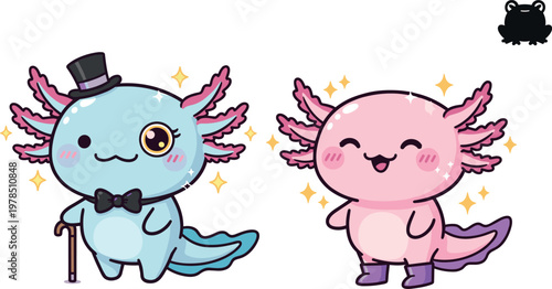 Cute axolotl cartoon vector set featuring kawaii amphibian characters with hat, boots and sparkles isolated adorable illustration