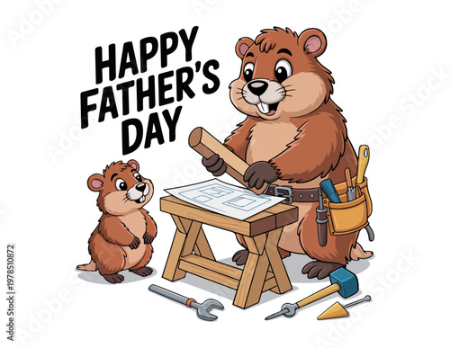 Father’s Day Illustration Cartoon Beavers with Tools and Workbench