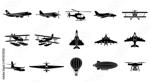 Collection of various aircraft silhouettes in black and white.