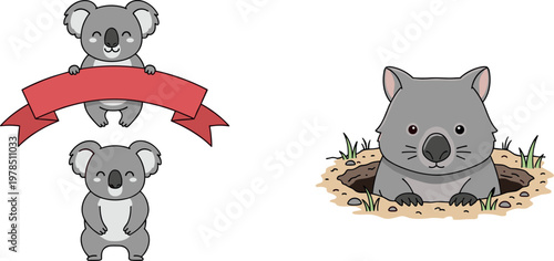 Cute wombat cartoon vector set featuring adorable marsupial characters, banner element and burrow scene isolated animal illustration collection