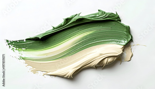 Swirl of thick green and cream-colored paint artistic textured stroke with flowing lines vivid color palette and dimensional surface detail