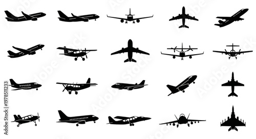 Collection of Diverse Airplane Silhouettes in Flight and on Ground.