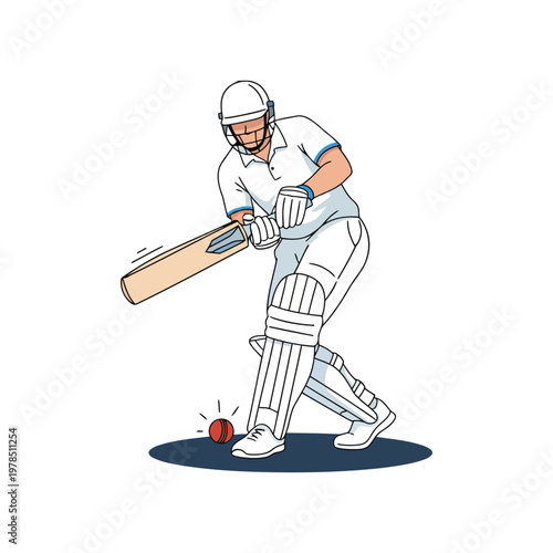 Cricket batsman defensive block shot, front foot stance, isolated vector on white