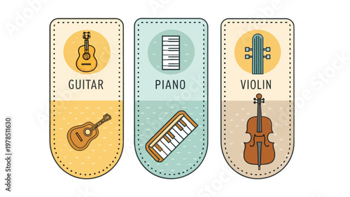 Educational music icons with labeled guitar piano and violin instruments for learning
